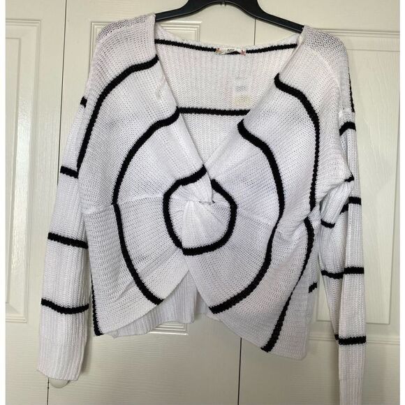 FULL CIRCLE TRENDS 1X 2-WAY WHITE/Black Stripe LONG SLEEVE SWEATER - Picture 3 of 10